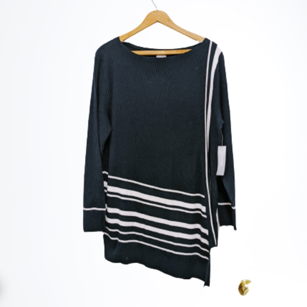 Chicos Assymetrical Black White Stripes Scoop Neck Sweater Size 3 XL NWT New